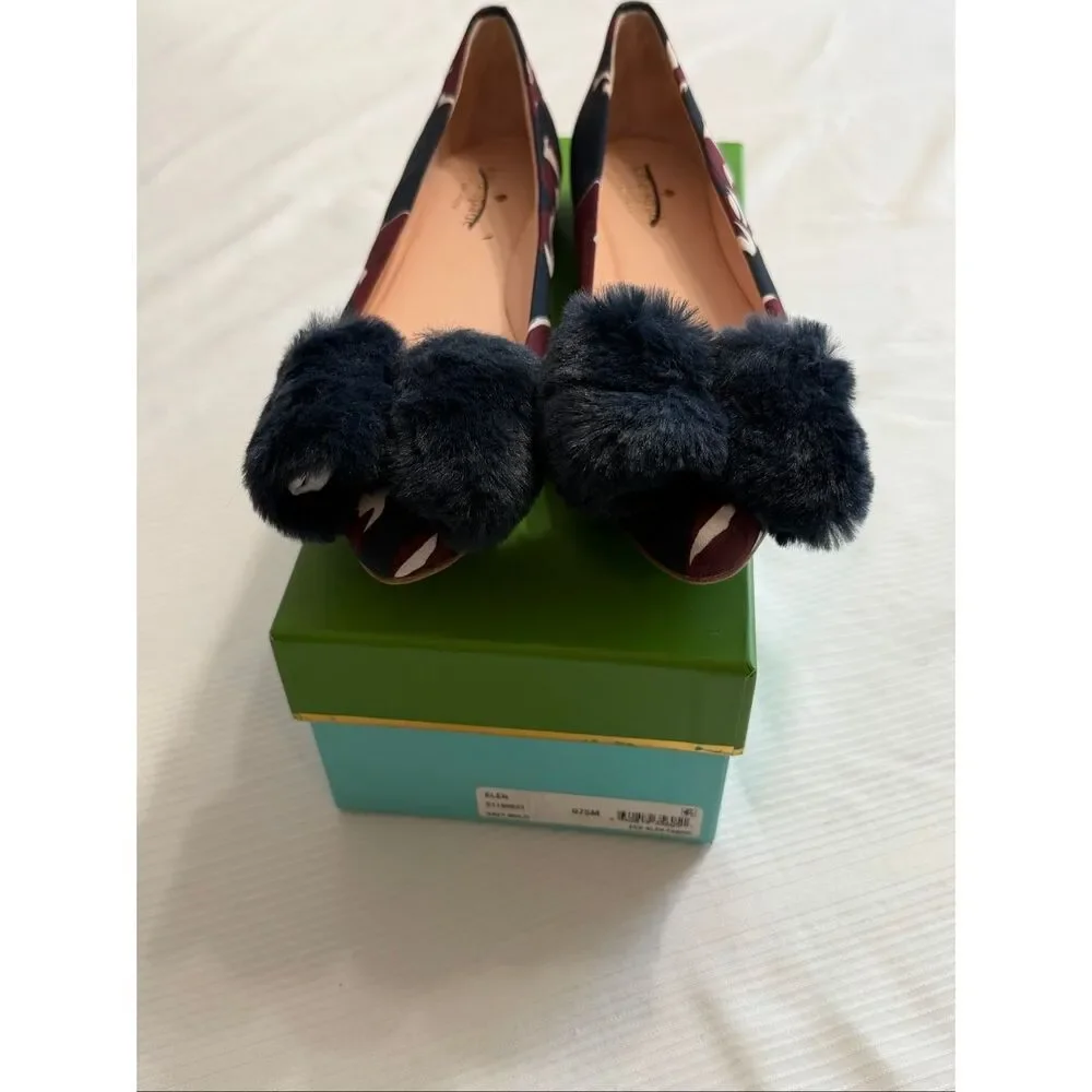 kate spade‎ Navy Floral Fur Bow Flats